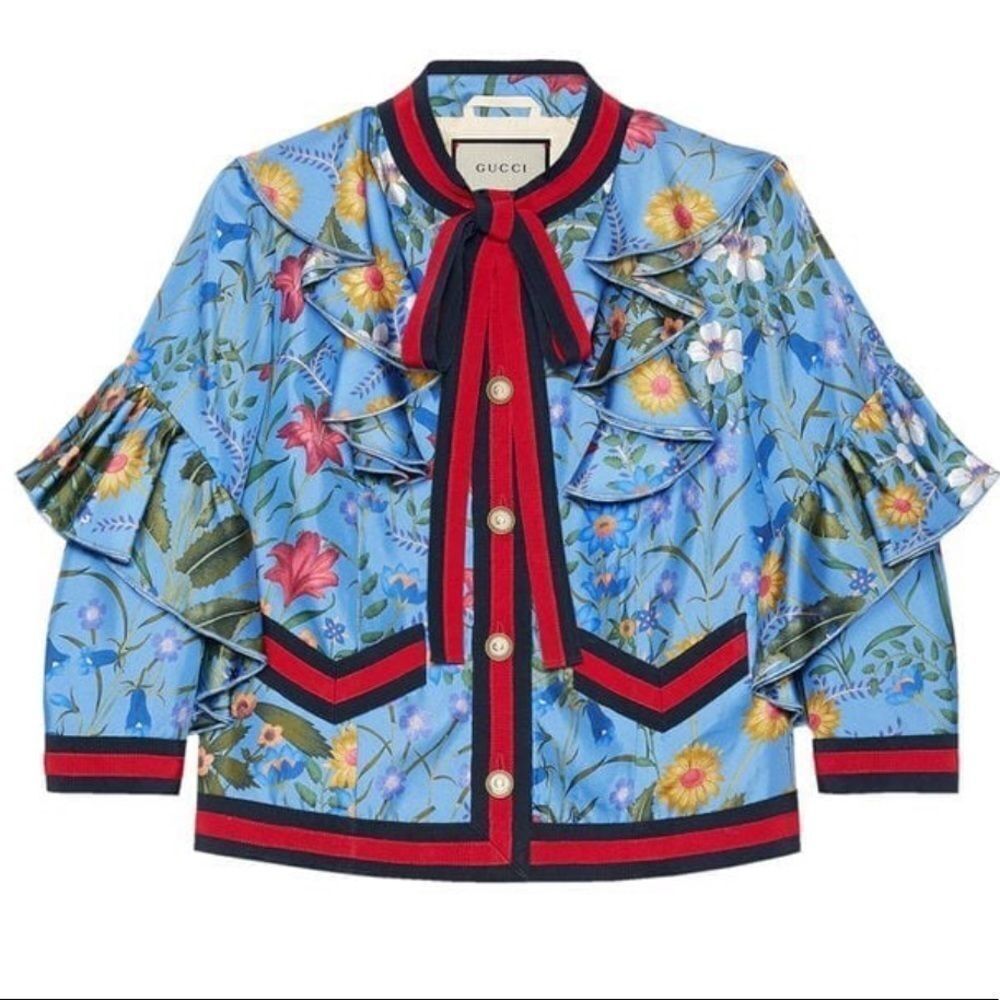 Gucci Blue Flora Ruffled Silk Blouse Jacket with Red & Navy Web Trim SZ 40 / S